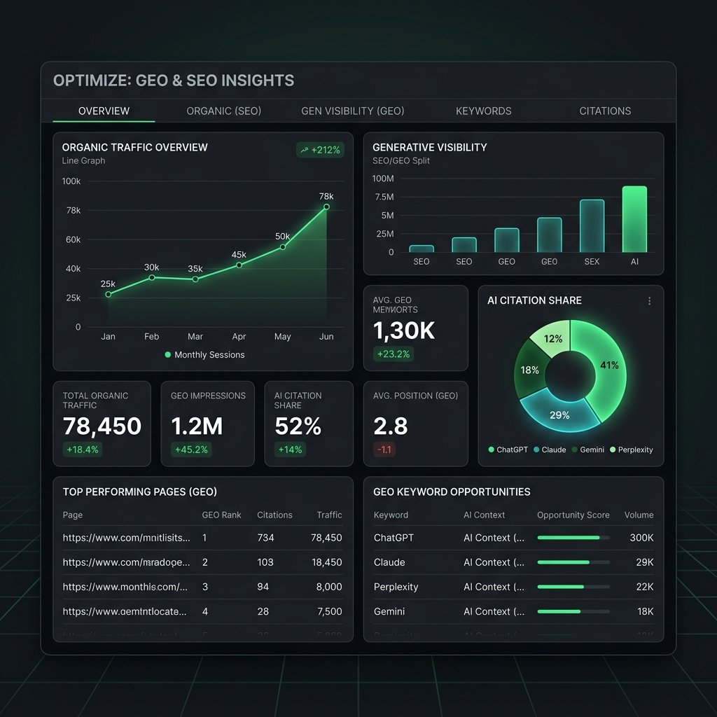 Weblo Digital SEO & GEO Performance Analytics Dashboard Screenshot
